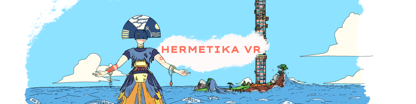 Hermetika VR. The deity rise above the sea in front of the Hermetika island and tower 